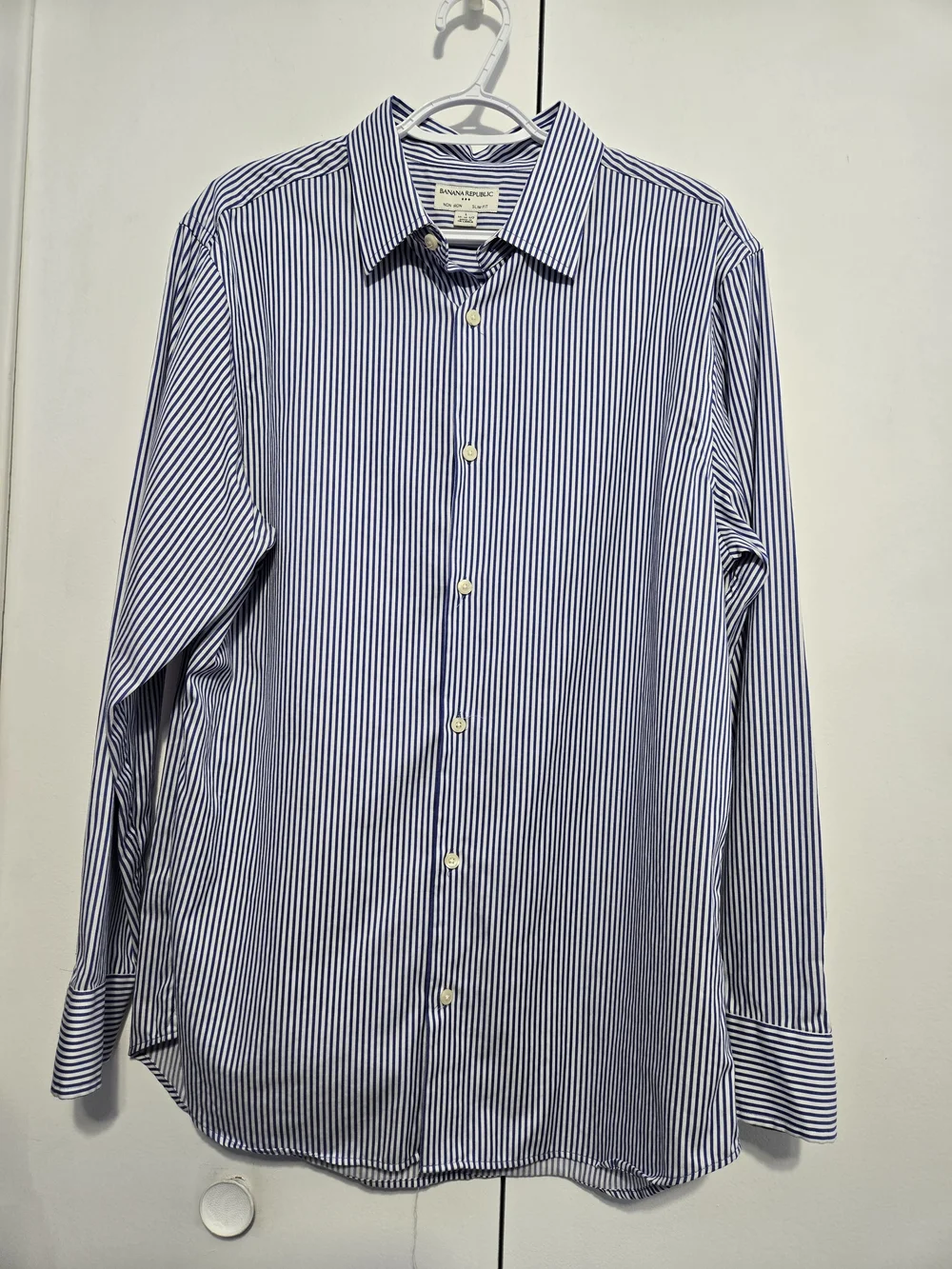 Banana Republic Non Iron Slim Fit Blue Stripe Dress Shirt 16-16.5 Large